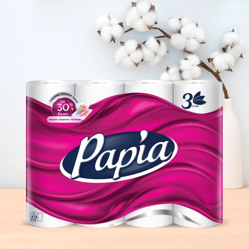 Бумага туалетная Papia Белая 3сл бел 100%цел втул 16,8м 140л 12рул/уп