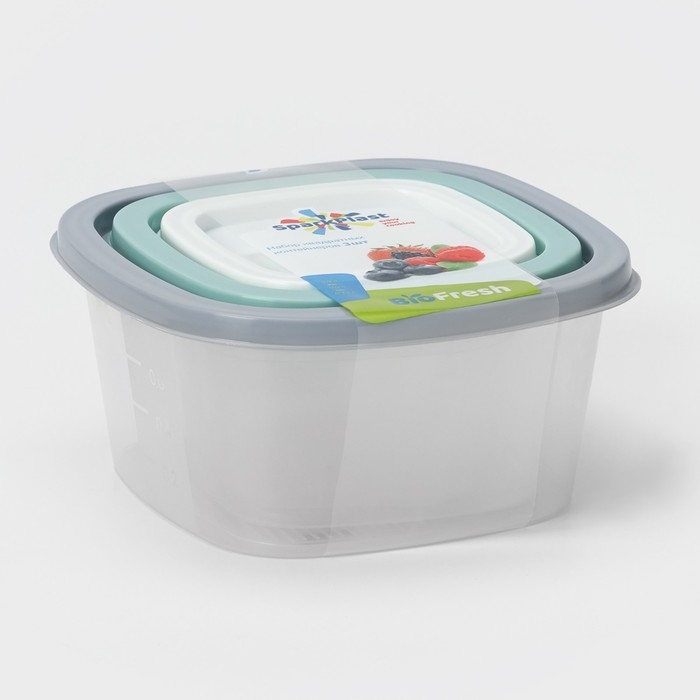 Набор контейнеров квадратных BioFresh, 3 шт: 0,23 л, 0,5 л, 0,9 л, цвет прозрачный, крышка МИКС