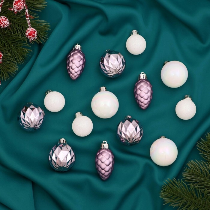 Набор украшений пластик 21 шт Набор украшений пластик 21 шт "Изабель" шишки, d-3 и 4,5 см, белый сиреневый