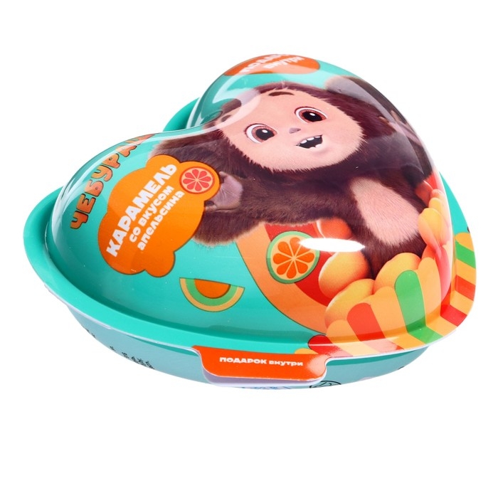 Карамель в пластиковом сердце с подарком «Чебурашка» 15 г. Карамель в пластиковом сердце с подарком «Чебурашка» 15 г.