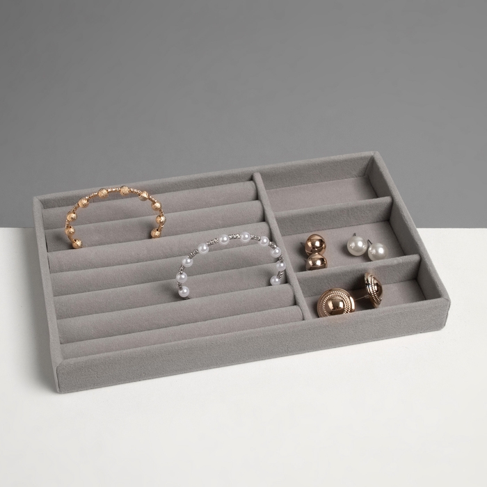 Подставка для украшений 3 ячейки и 7 полос для колец, флок, 21&times;12,3&times;2,5 см, цвет серый
