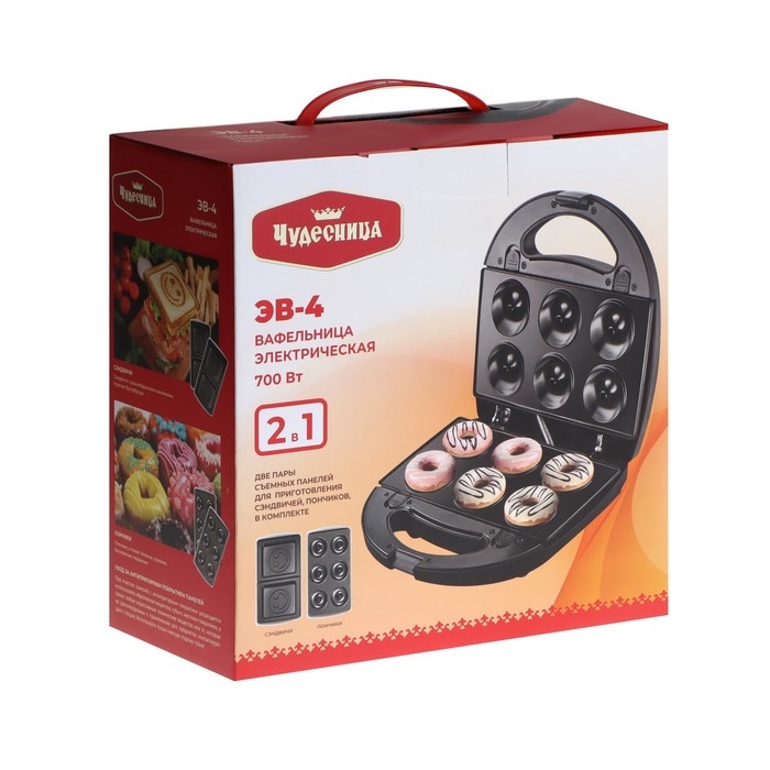 Вафельница электрическая Вафельница электрическая "Чудесница" ЭВ-4, 700 Вт, пончики, сэндвичи, чёрно-серебристая