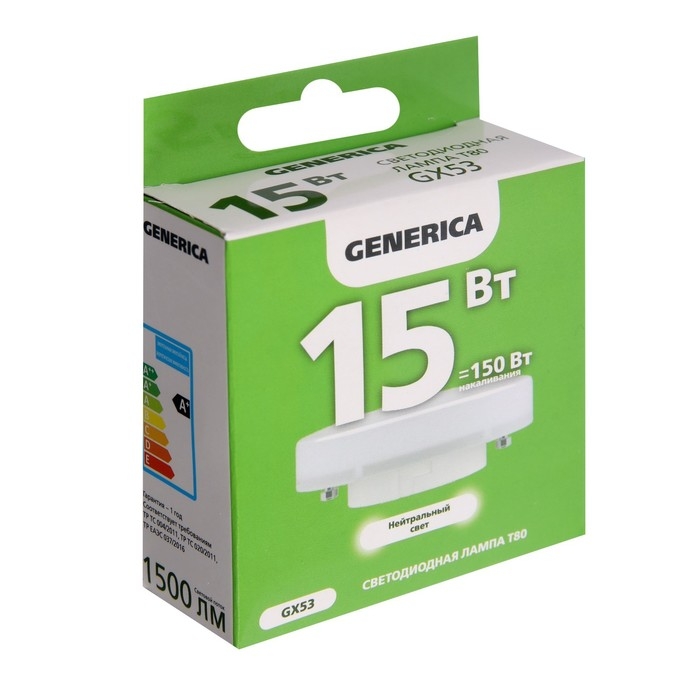 Лампа светодиодная GENERICA T80, 15 Вт, таблетка, 4000 К, GX53, 230 В, LL-T80-15-230-40-GX53-G Лампа светодиодная GENERICA T80, 15 Вт, таблетка, 4000 К, GX53, 230 В, LL-T80-15-230-40-GX53-G