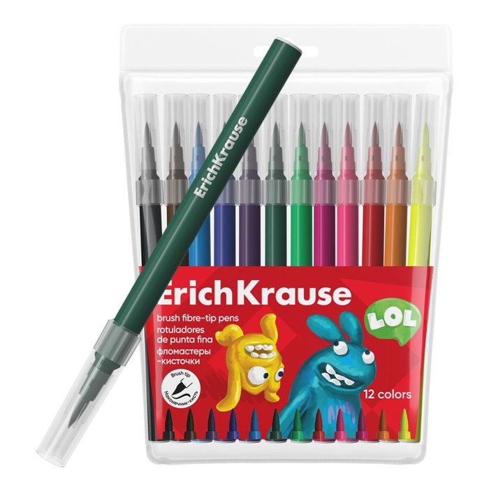Фломастеры-кисточки 12 цветов ErichKrause  Фломастеры-кисточки 12 цветов ErichKrause "Jolly Friends Washable", в футляре с европодвесом