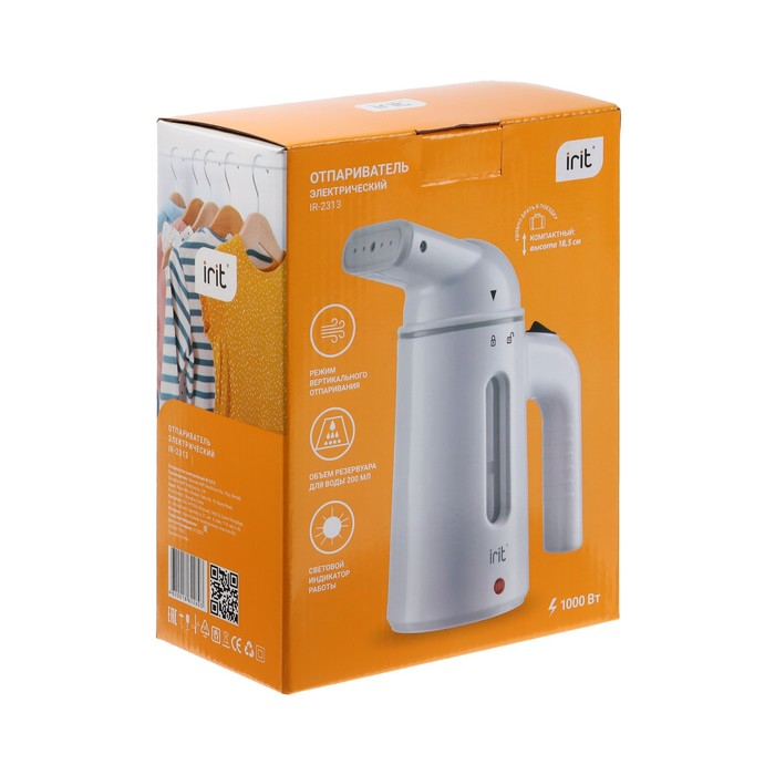 Отпариватель Irit IR-2313, ручной, 1000 Вт, 200 мл, 25 г/мин, белый Отпариватель Irit IR-2313, ручной, 1000 Вт, 200 мл, 25 г/мин, белый