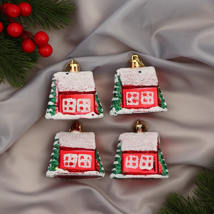 Украшение ёлочное Украшение ёлочное "Сказочный домик" (набор 4 шт) 5х6 см, красный