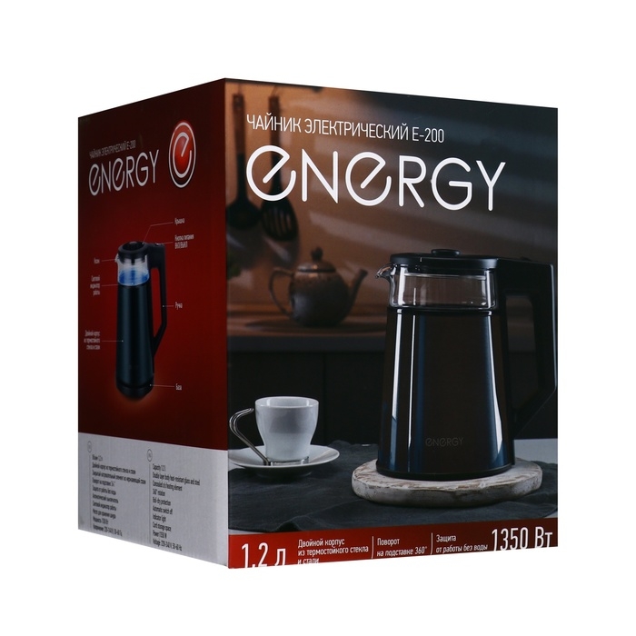 Чайник электрический Energy E-200, металл, колба стекло, 1.2 л, 1350 Вт, серый Чайник электрический Energy E-200, металл, колба стекло, 1.2 л, 1350 Вт, серый