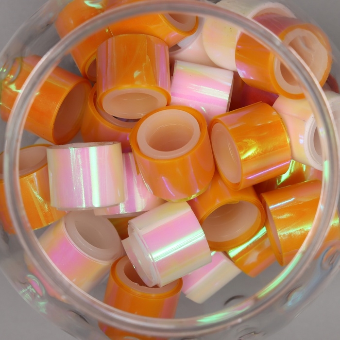 Клейкая лента пластик в банке  Клейкая лента пластик в банке "Перл. Белый и оранж" н-р 40 шт 1,2 см, дл.0,9 м 7х7х9 см