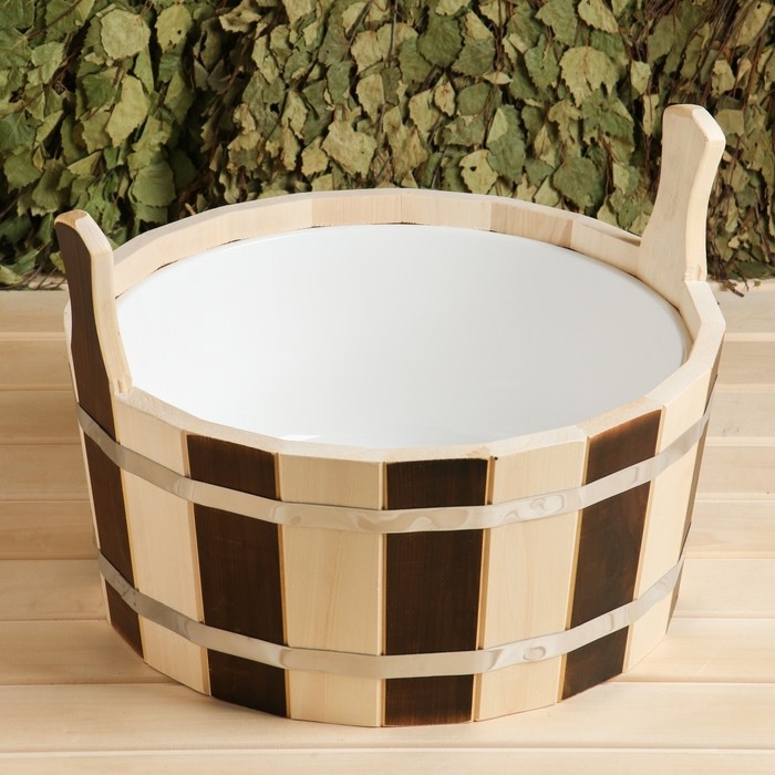 Шайка-таз из липы, 15 л, круглая, пластиковая вставка, Шайка-таз из липы, 15 л, круглая, пластиковая вставка, "День ночь"