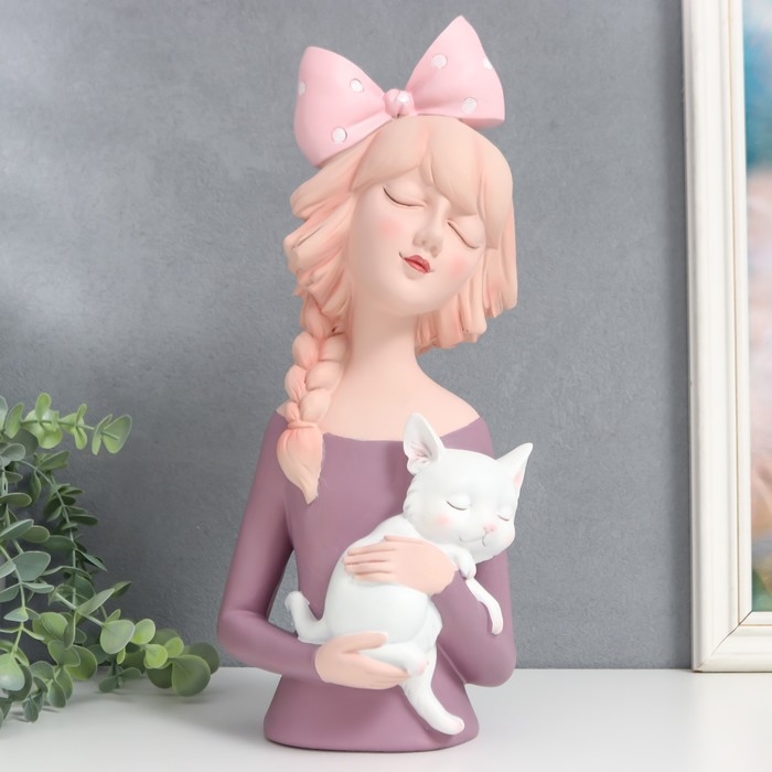 Сувенир полистоун Сувенир полистоун "Малышка с косой, бантом в горох, с котом" 36х12х15,5 см