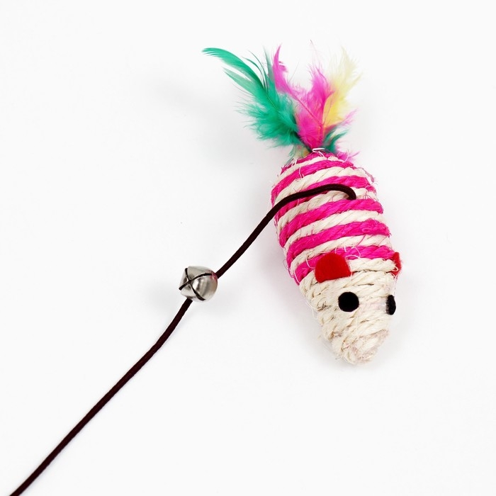 Дразнилка с  мышкой (7 см) на деревянной палочке, 40 см, розовая/белая Дразнилка с  мышкой (7 см) на деревянной палочке, 40 см, розовая/белая