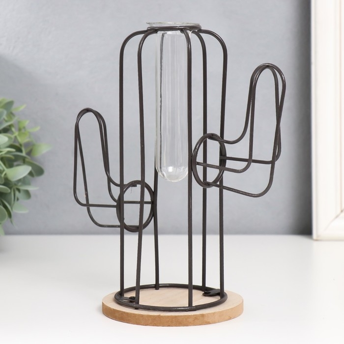 Декор металл, стекло, дерево Декор металл, стекло, дерево "Кактус" на подставке чёрный 20х12х22,5 см