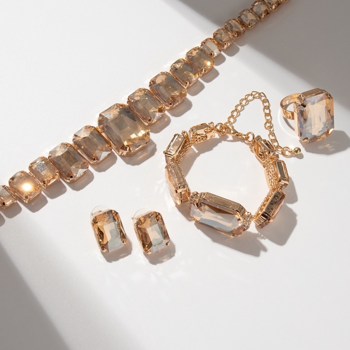 Набор 4 предмета: серьги, колье, браслет, кольцо «Вечерний» объём, жёлтый в золоте Набор 4 предмета: серьги, колье, браслет, кольцо «Вечерний» объём, жёлтый в золоте