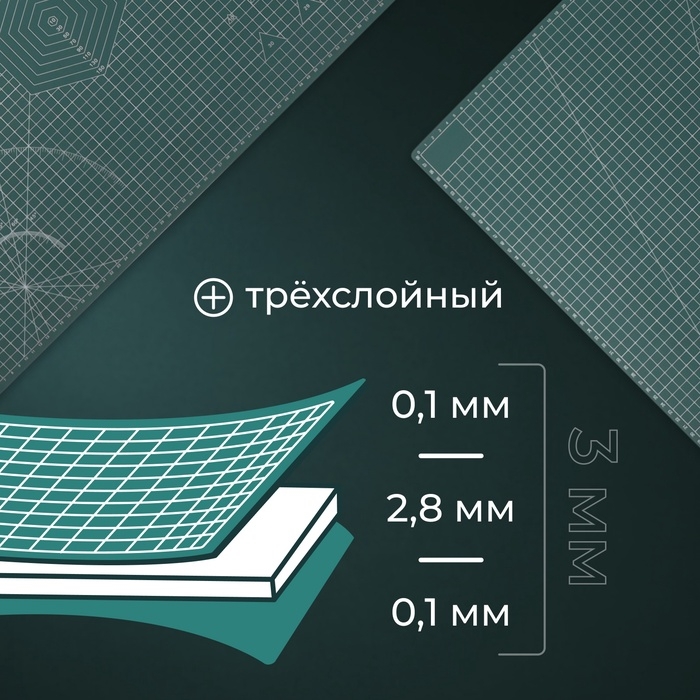 Мат для резки, трёхслойный, 90 × 60 см, А1, цвет зелёный