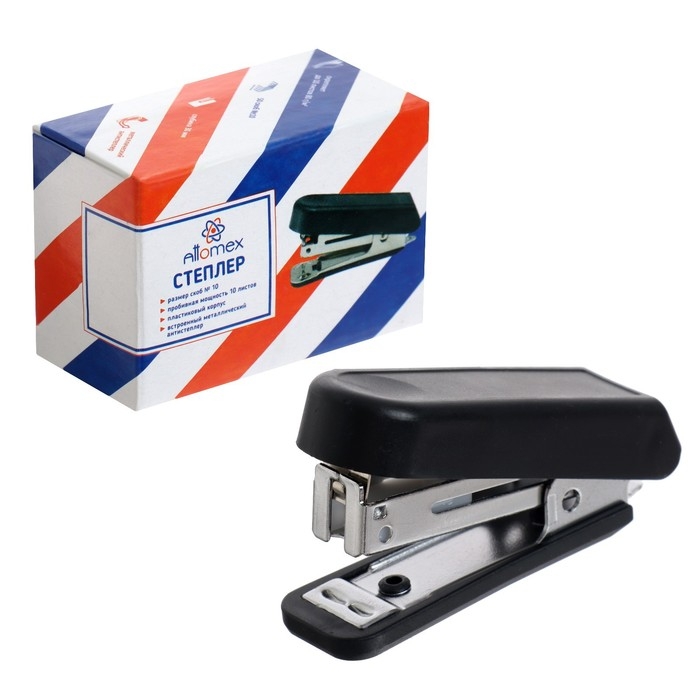 Степлер №10, до 10 листов, Attomex МИНИ, встроенный антистеплер, чёрный Степлер №10, до 10 листов, Attomex МИНИ, встроенный антистеплер, чёрный