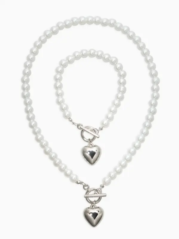 Набор 2 пред-та: бусы.браслет "Жемчуг", сердце, цвет белый в серебре L=18/42см №8