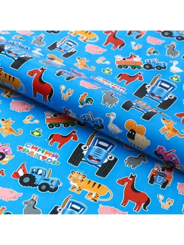 Бумага упаковочная глянцевая, Синий трактор, 70х100 см