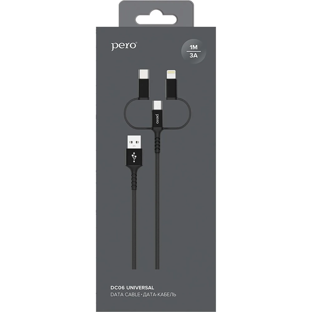 Кабель USB PERO DC-06 3 in 1 (Lightning/micro USB/Type-C), 3А, 1м, черный