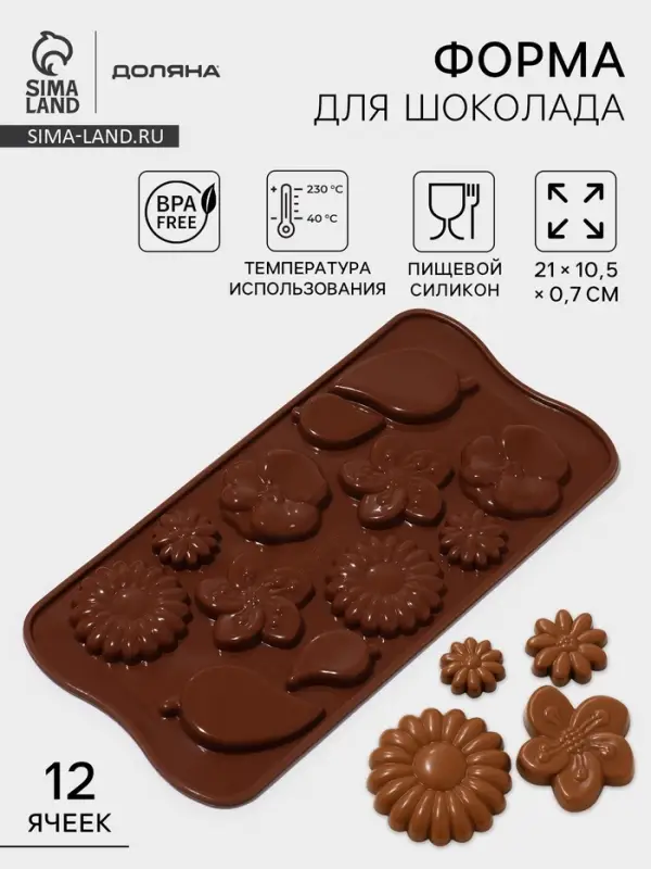 Форма для шоколада Доляна &laquo;Цветение&raquo;, силикон, 21&times;10.5&times;0.7 см, 12 ячеек, коричневая
