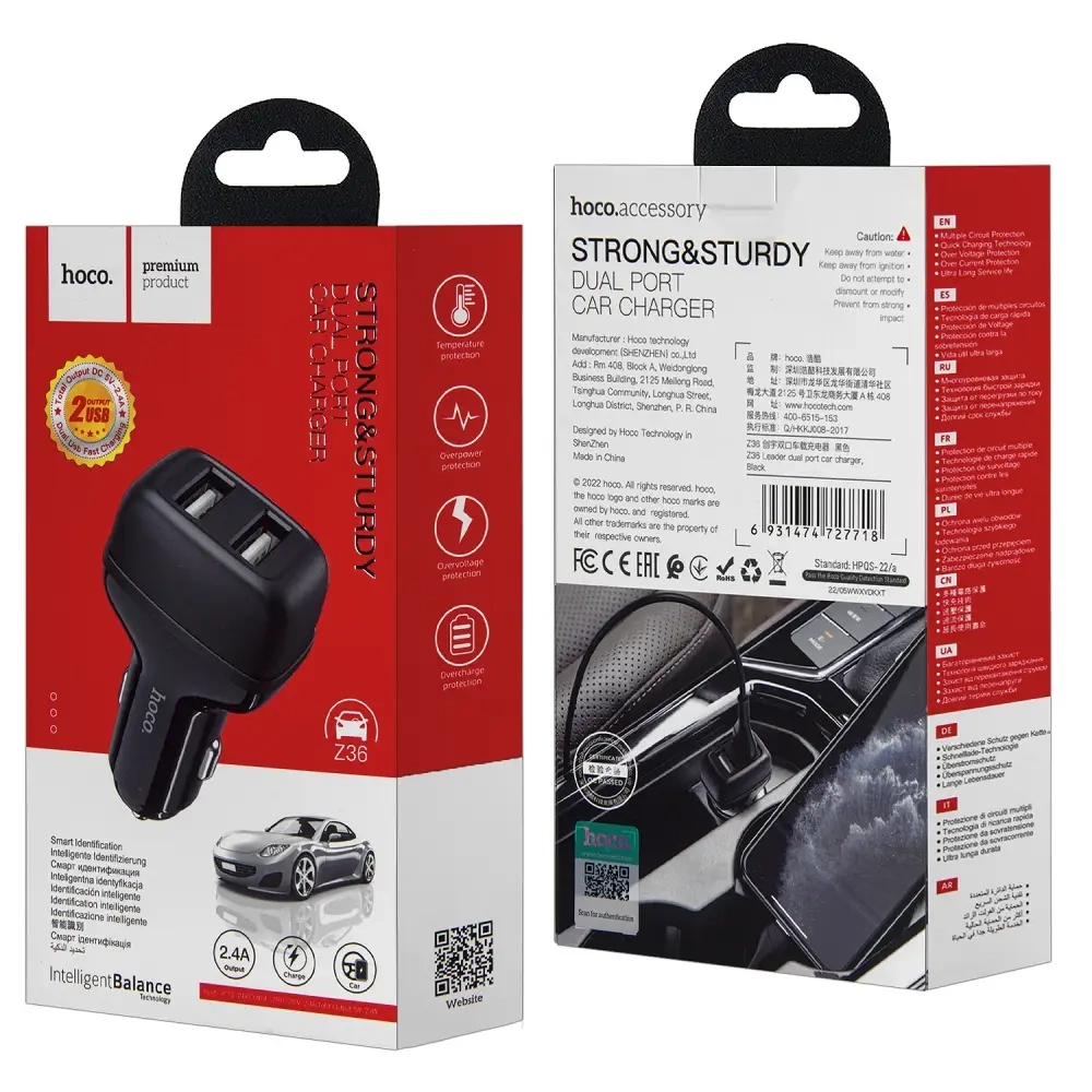 Переходник Z36 АЗУ на 2 USB 2.4A HOCO черный