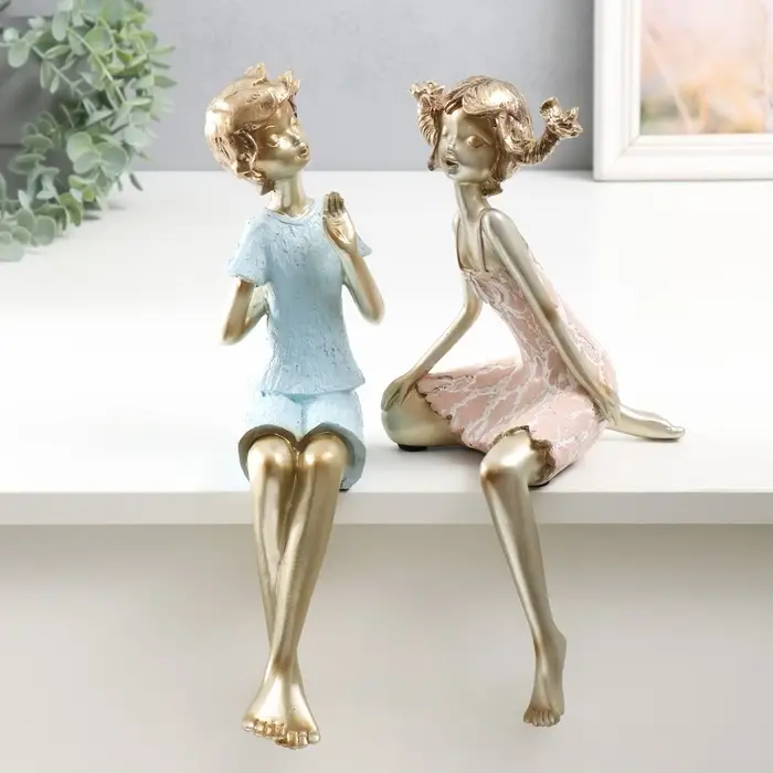 Набор фигурок настольных полистоун &laquo;Дети &mdash; озорники&raquo;, на полку, бело-золотой, 2 шт.