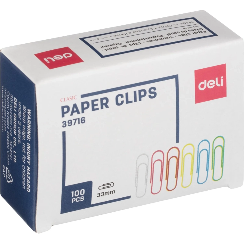 Скрепки Deli с полимерным покрытием, 33 мм, разноцветные,100 шт/уп