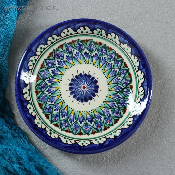 Тарелка Риштанская Керамика Тарелка Риштанская Керамика "Цветы", синяя, плоская, 15 см, микс