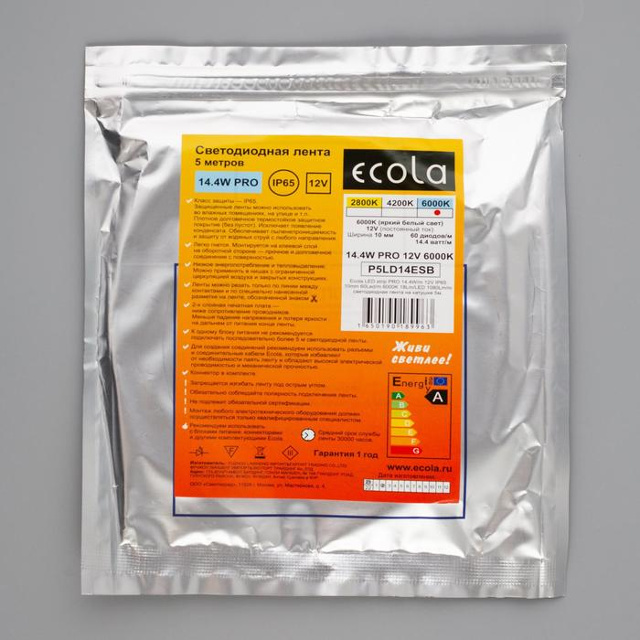 Cветодиодная лента Ecola PRO 5 м, IP65, SMD5050, 60 LED/м, 14.4 Вт/м, 12 В, 6000К Cветодиодная лента Ecola PRO 5 м, IP65, SMD5050, 60 LED/м, 14.4 Вт/м, 12 В, 6000К