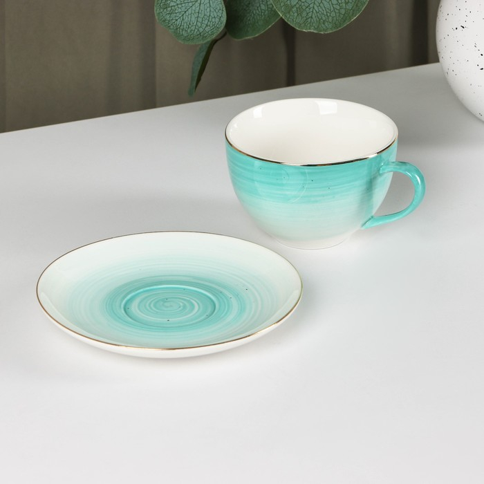 Чайная пара фарфоровая Доляна «Млечный путь», 2 предмета: чашка 220 мл, блюдце d=13,5 см, цвет бирюзовый Чайная пара фарфоровая Доляна «Млечный путь», 2 предмета: чашка 220 мл, блюдце d=13,5 см, цвет бирюзовый