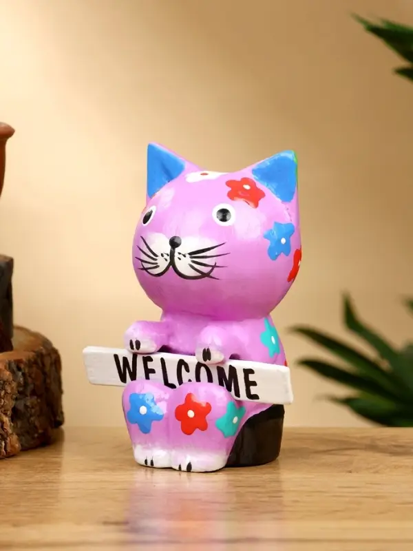 Сувенир  Сувенир "Кот с табличкой WELCOME" дерево 8х5х10 см, цв. сиреневый
