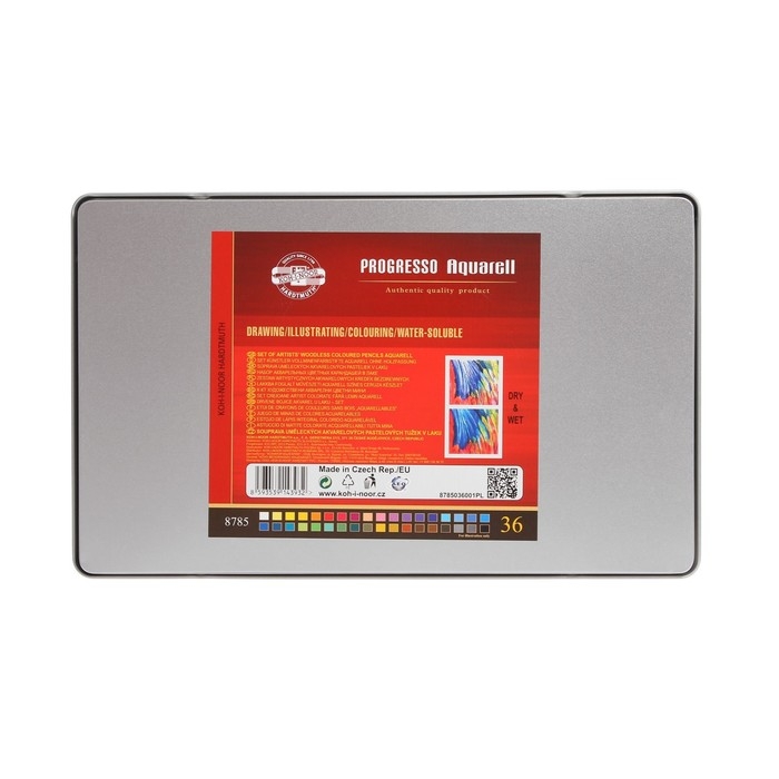 Карандаши акварельные набор 36 цветов, цельнографитовые Koh-I-Noor Progresso Aquarell, в металлическом пенале Карандаши акварельные набор 36 цветов, цельнографитовые Koh-I-Noor Progresso Aquarell, в металлическом пенале