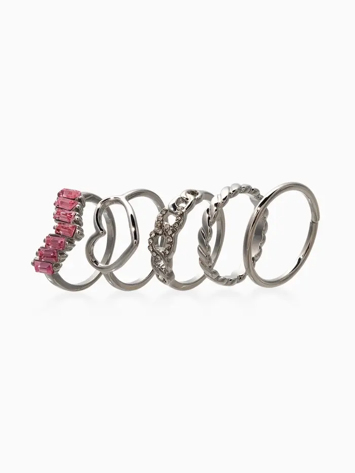 Набор колец 5 шт "Новый стиль" сердца,бесконечность, р-р МИКС, цвет бело-розовый в серебре   1093709