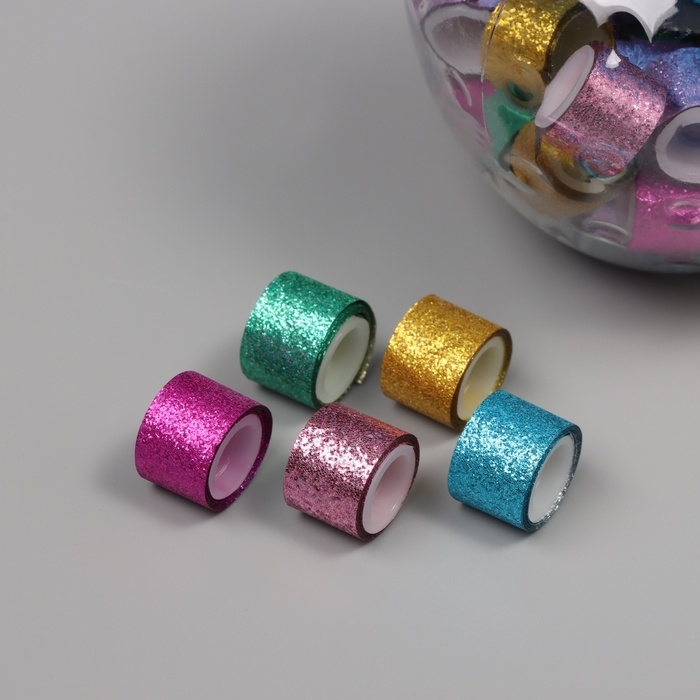 Клейкая лента пластик в банке  Клейкая лента пластик в банке "Шайн. Микс" н-р 40 шт 1,2 см, дл. 0,9 м 7х7х9 см