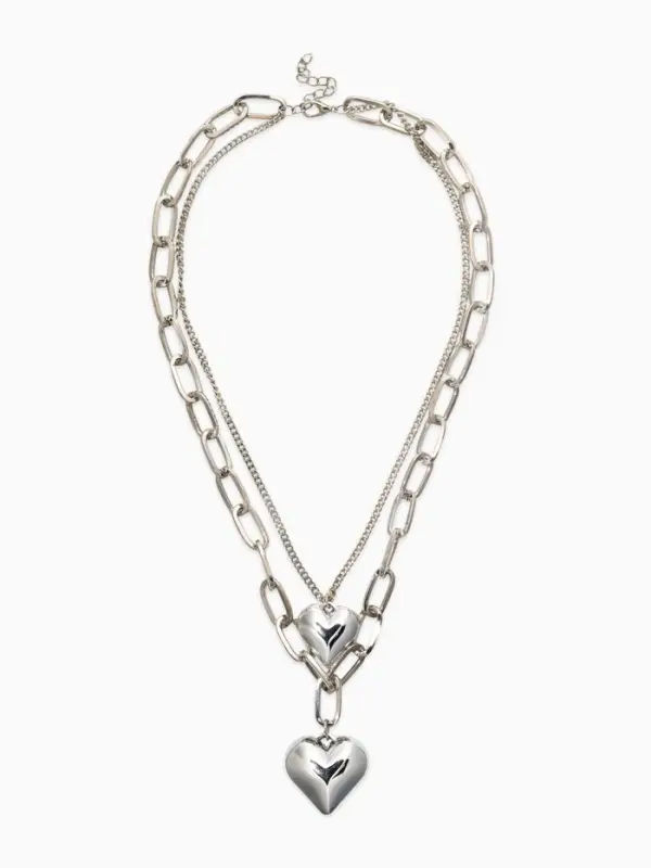 Кулон на цепочке крупное вытянутое звено 2 яруса "Сердечки", цвет серебро