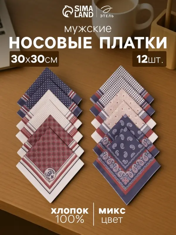 Платки носовые мужские &laquo;Этель&raquo;, размер 30&times;30 см, набор 12 шт., принт МИКС, 100% хлопок
