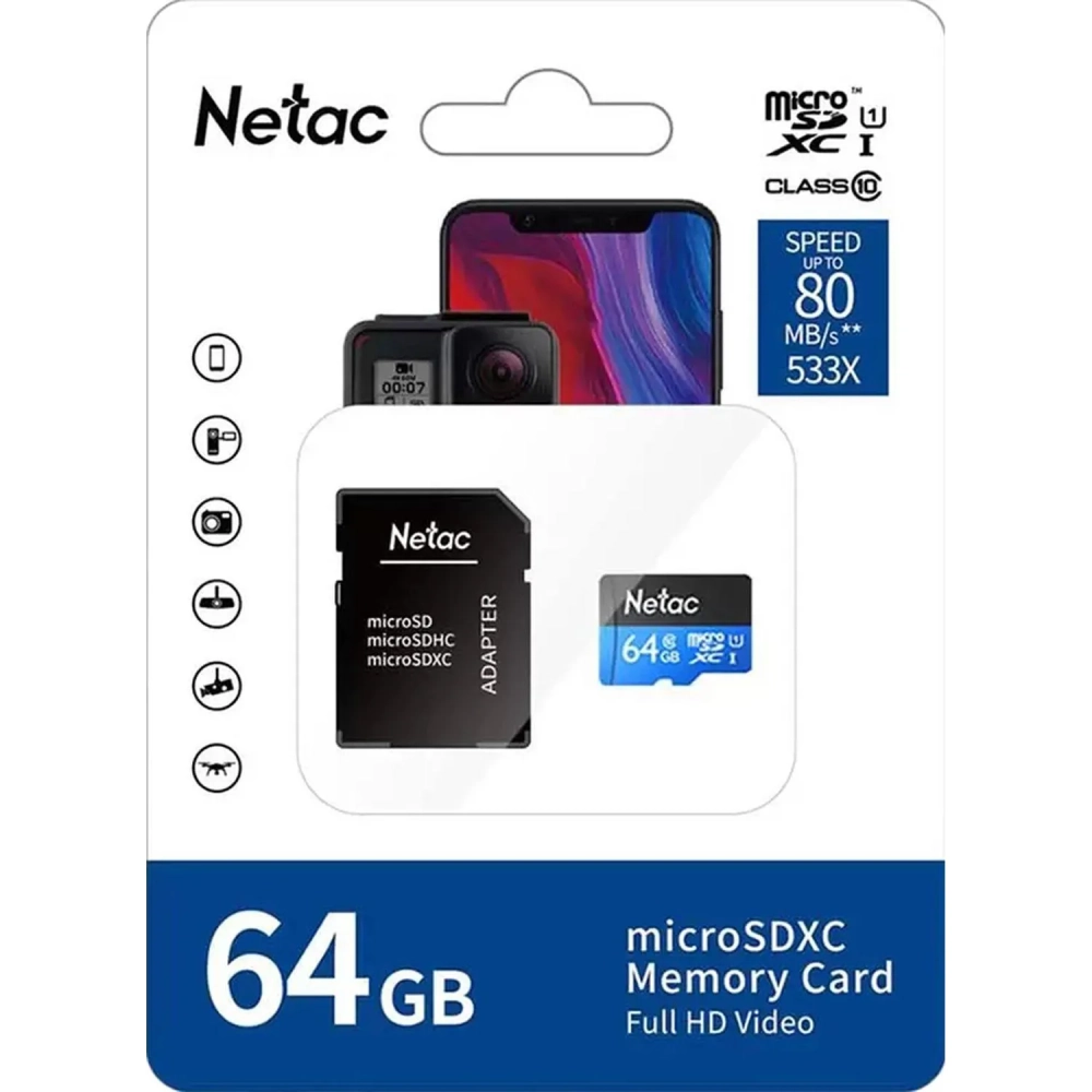 Карта памяти Netac MicroSD card P500 Standard 64GB, retail version w/SD