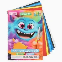 Картон цветной А4, 8 л., 8 цветов, немелованный односторонний, на скобе