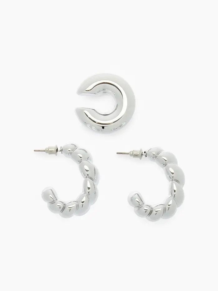 Серьги и каффы QF &laquo;Плетённый бублик&raquo;, набор, цвет серебро