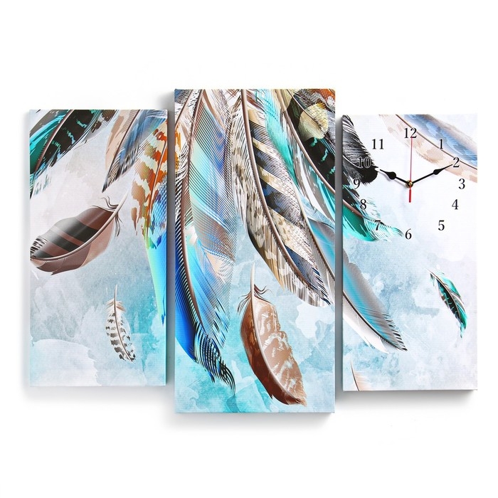 Часы-картина настенные, модульные  Часы-картина настенные, модульные "Перья", бесшумные, 60 х 80 см, триптих