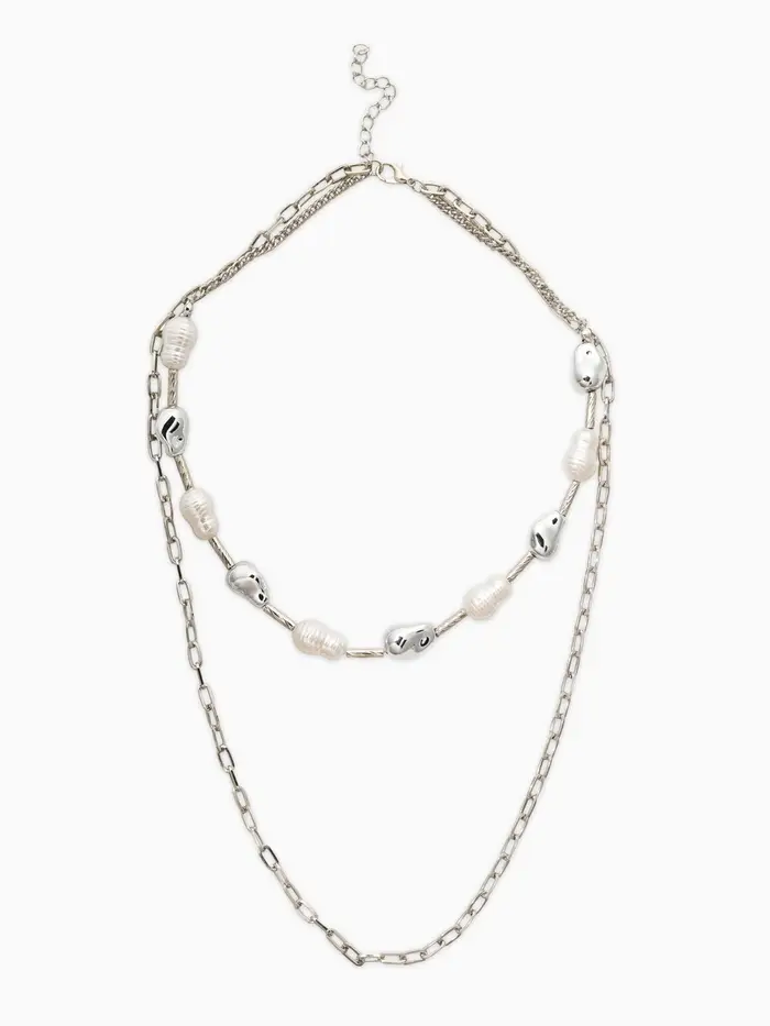 Колье "Жемчуг" борокко, цепь, удлиненное, 2 яруса, цвет белый в серебре