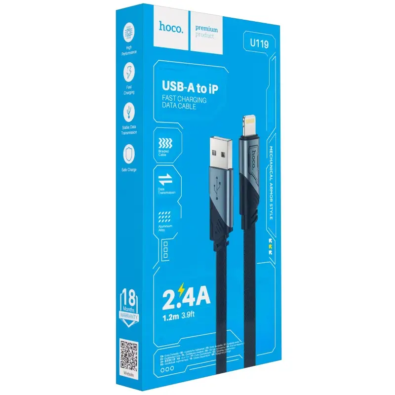 Кабель USB на Lightning 1.2M 2.4А U119 HOCO черный