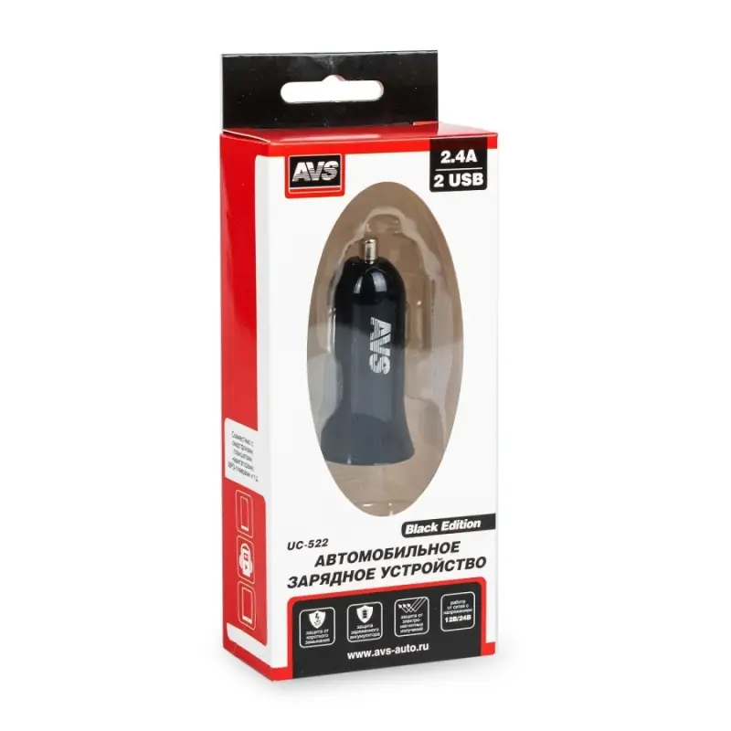USB автомобильное зарядное устройство AVS 2 порта UC-522 (2,4А, черный) (Black Edition)