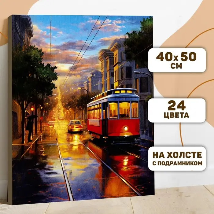 Картина по номерам на холсте с подрамником «Трамвай на закате» 40×50 см