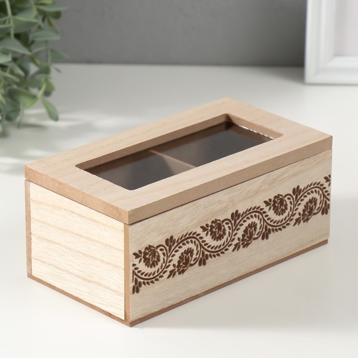 Шкатулка дерево 2 деления  Шкатулка дерево 2 деления "Цветочный узор" 8,8х16,2х7 см