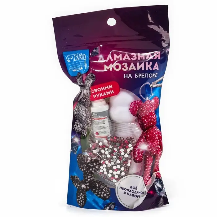 Алмазная мозаика на брелоке "Мишка"  фуксия