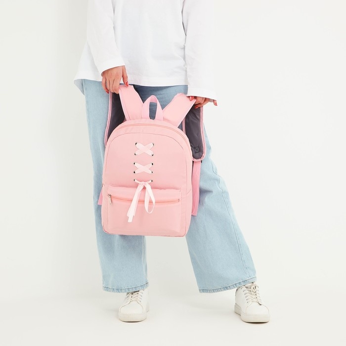 Рюкзак школьный текстильный с лентами, 38х29х11 см, цвет розовый, отдел на молнии