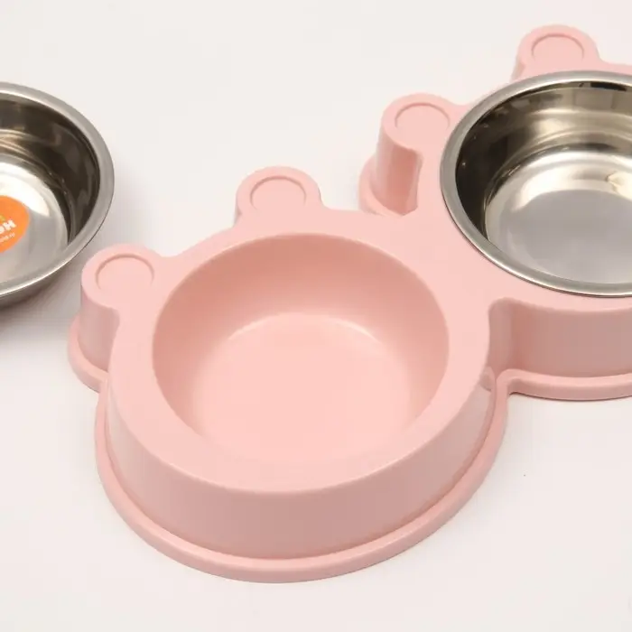 Миска металлическая двойная на пластиковой основе, 27,8 х 15,5 х 4 см, розовая Миска металлическая двойная на пластиковой основе, 27,8 х 15,5 х 4 см, розовая