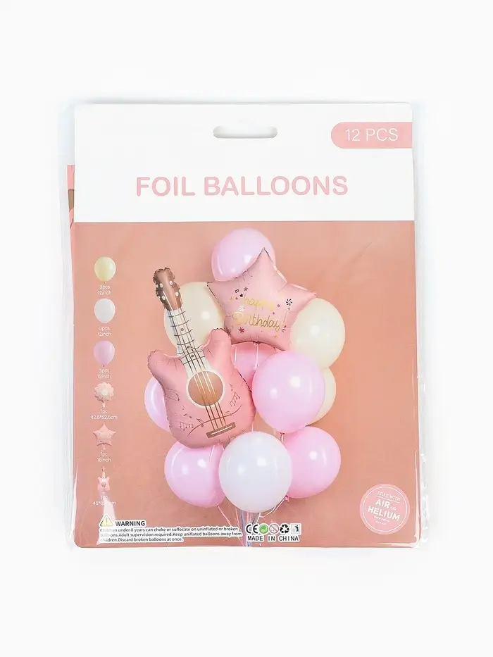 Воздушные шары "Розовая гитара" фольга, латекс, набор 12 штук