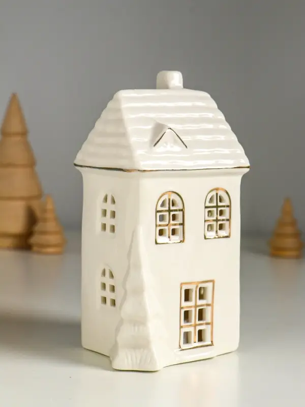 Сувенир керамика свет "Домик с ёлочкой" белый с золотом 7,5х6,5х14 см