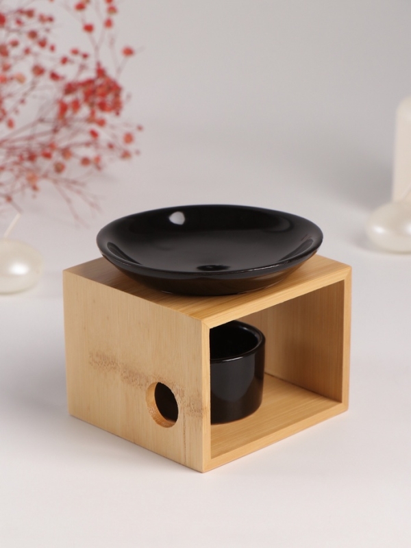 Аромалампа бамбук, керамика с подставкой под свечу "Строгие линии" чёрная 9,8х9,8х8 см